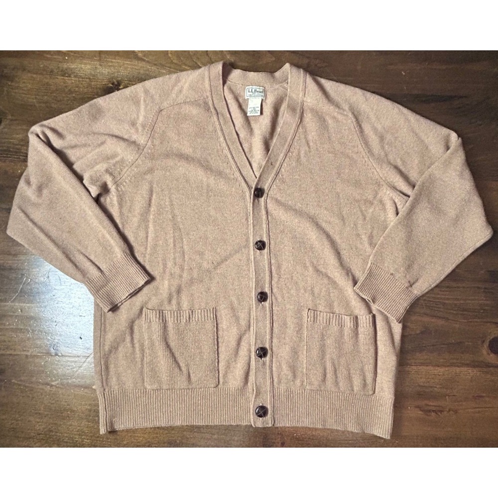LL Bean Lambswool Cardigan Sweater Large Tan Buttons Pockets Grandpacore Classic